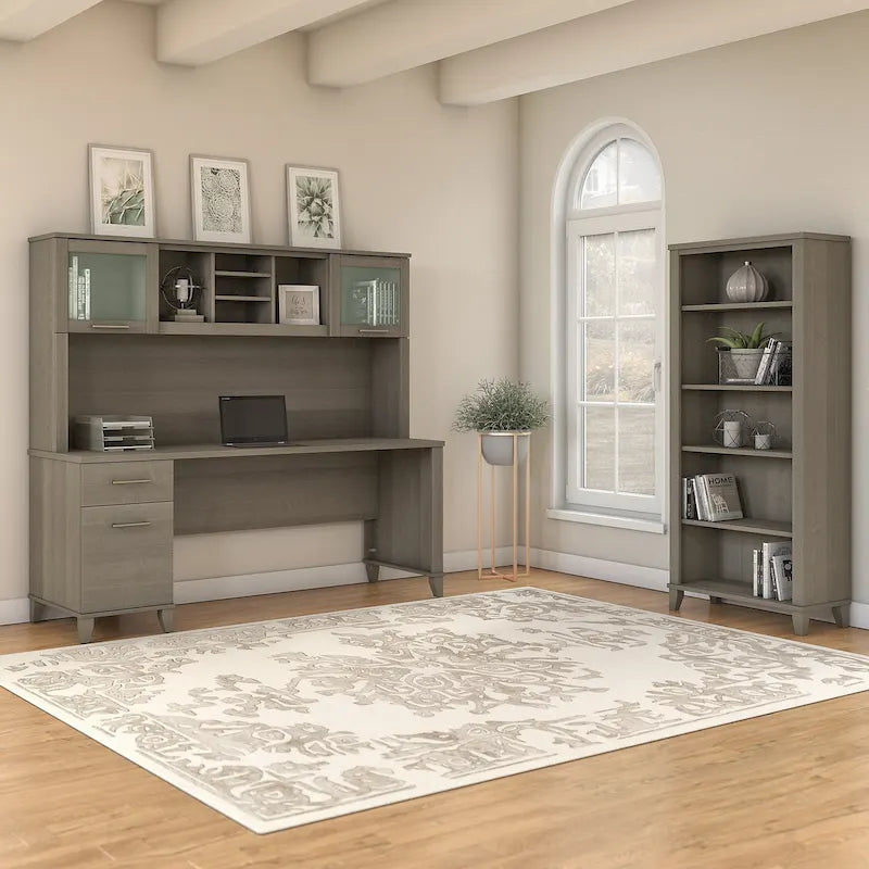 72-Inch Office Desk with Hutch and 5-Shelf Bookcase, Ash Gray