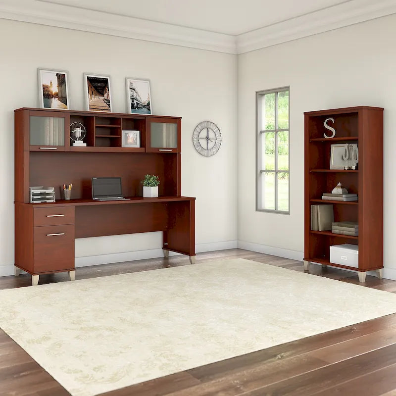 72-Inch Office Desk with Hutch and 5-Shelf Bookcase, Ash Gray