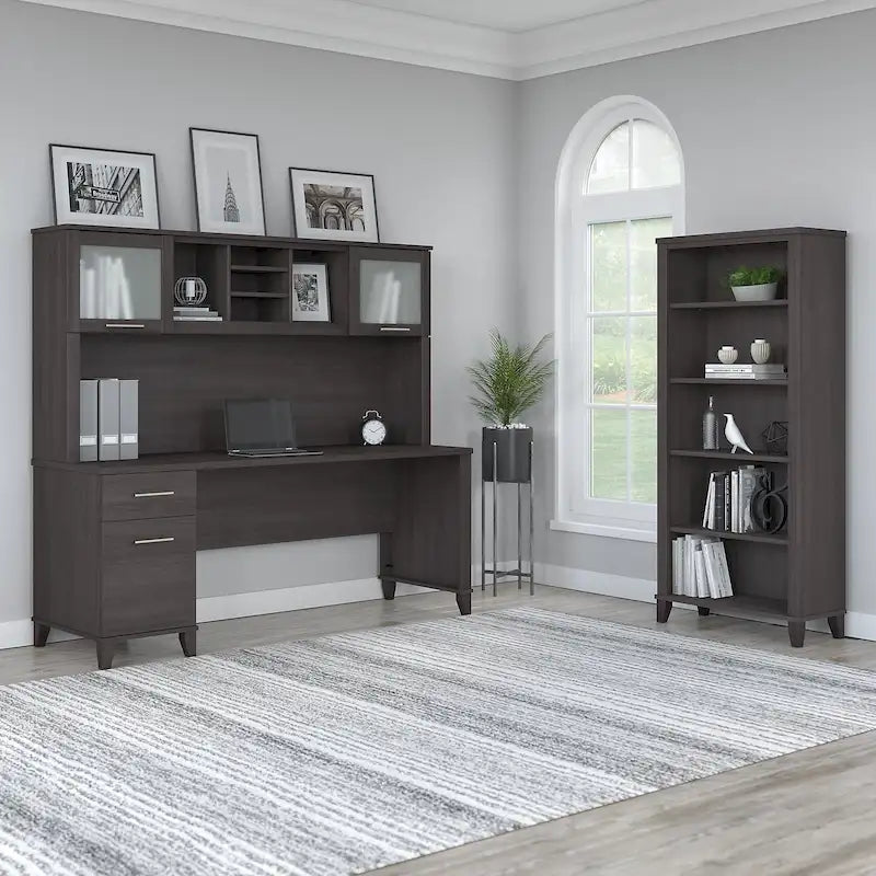 72-Inch Office Desk with Hutch and 5-Shelf Bookcase, Ash Gray