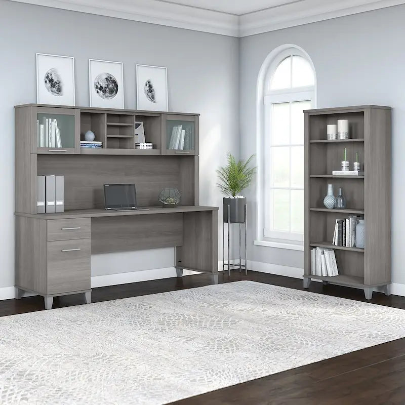 72-Inch Office Desk with Hutch and 5-Shelf Bookcase, Ash Gray