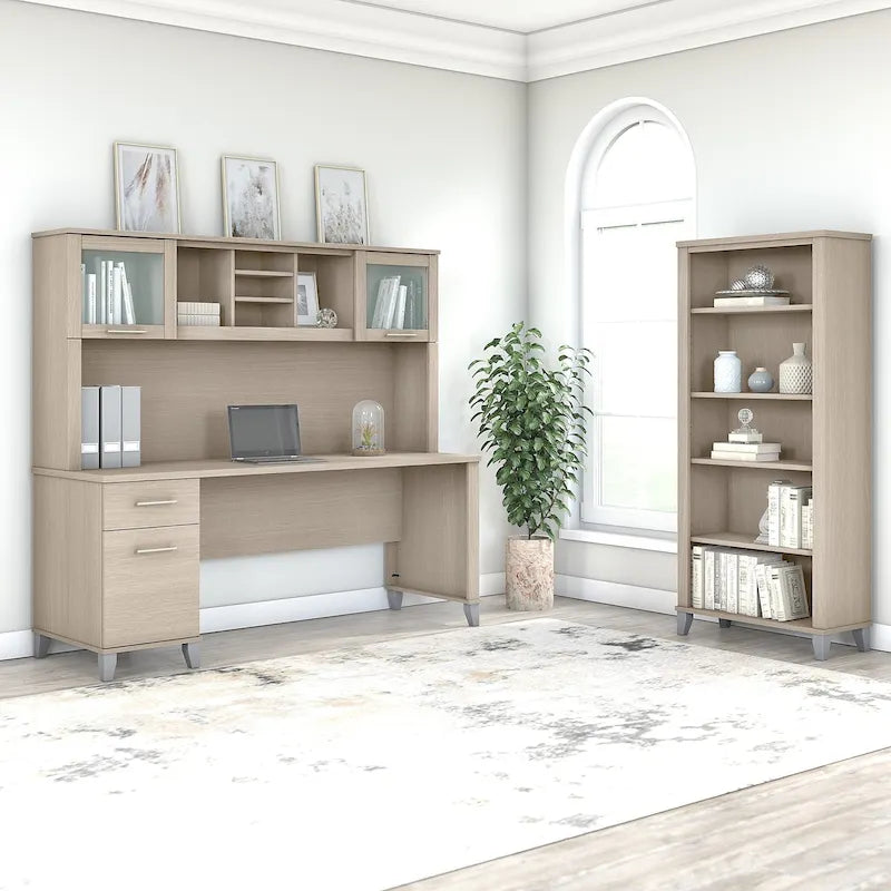 72-Inch Office Desk with Hutch and 5-Shelf Bookcase, Ash Gray
