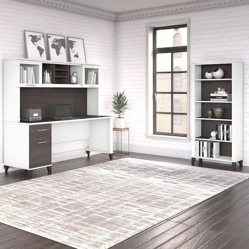 72-Inch Office Desk with Hutch and 5-Shelf Bookcase, Ash Gray