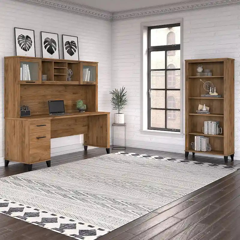 72-Inch Office Desk with Hutch and 5-Shelf Bookcase, Ash Gray