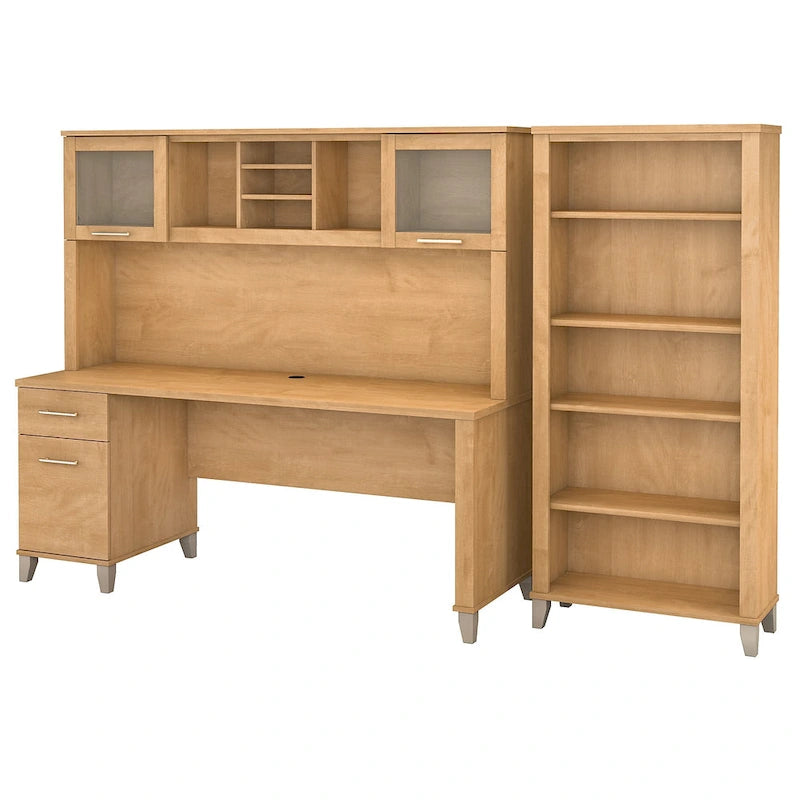 72-Inch Office Desk with Hutch and 5-Shelf Bookcase, Ash Gray