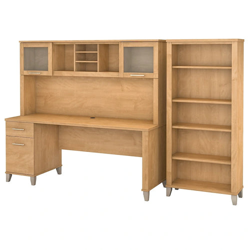 72-Inch Office Desk with Hutch and 5-Shelf Bookcase, Ash Gray