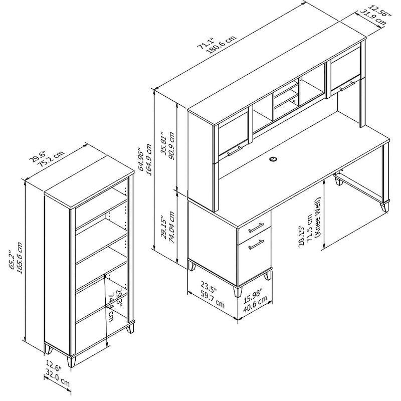 72-Inch Office Desk with Hutch and 5-Shelf Bookcase, Ash Gray