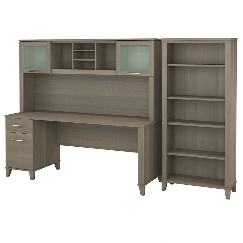 72-Inch Office Desk with Hutch and 5-Shelf Bookcase, Ash Gray