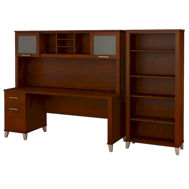 72-Inch Office Desk with Hutch and 5-Shelf Bookcase, Ash Gray