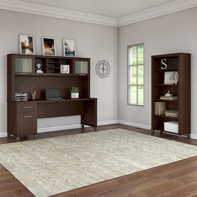 72-Inch Office Desk with Hutch and 5-Shelf Bookcase, Ash Gray