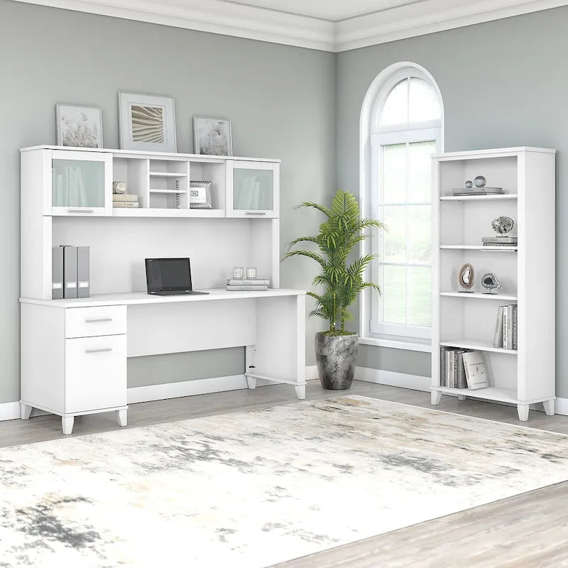 72-Inch Office Desk with Hutch and 5-Shelf Bookcase, Ash Gray