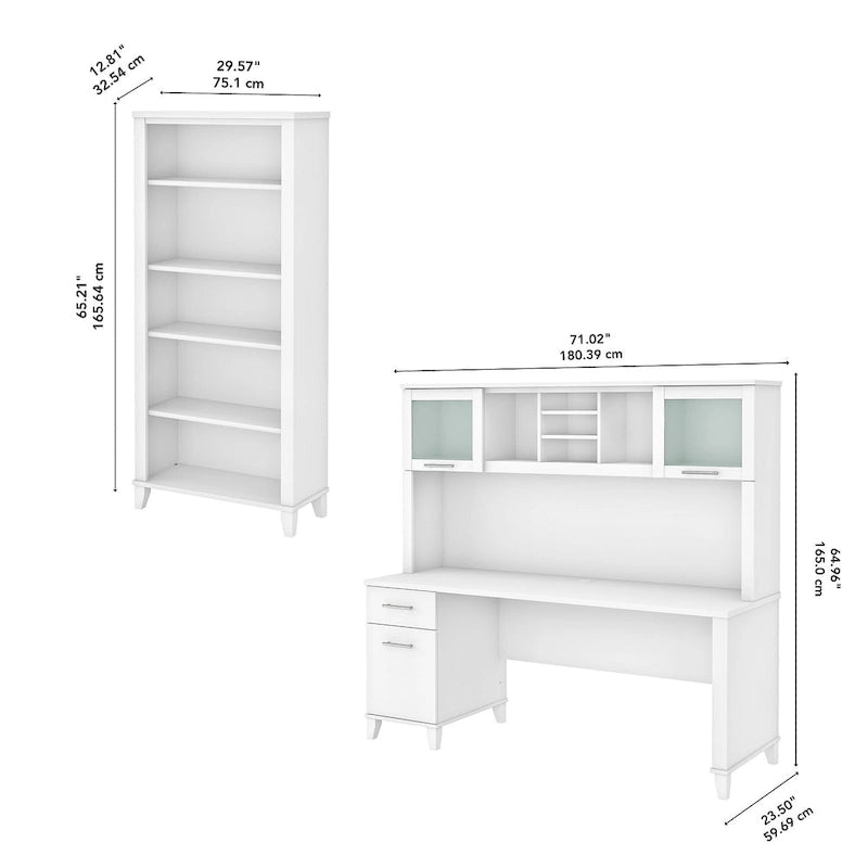 72-Inch Office Desk with Hutch and 5-Shelf Bookcase, Ash Gray