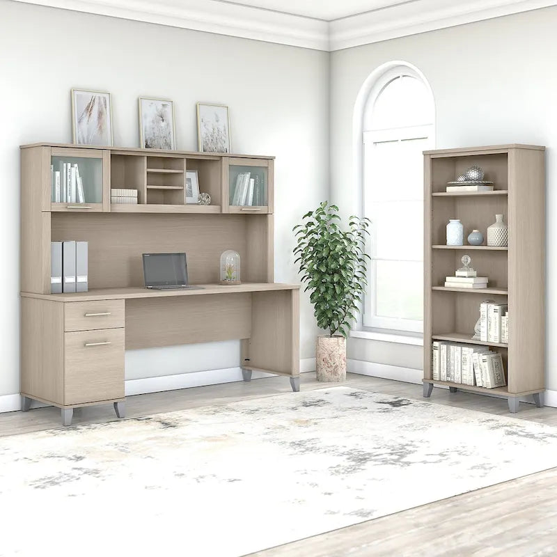 72-Inch Office Desk with Hutch and 5-Shelf Bookcase, Ash Gray
