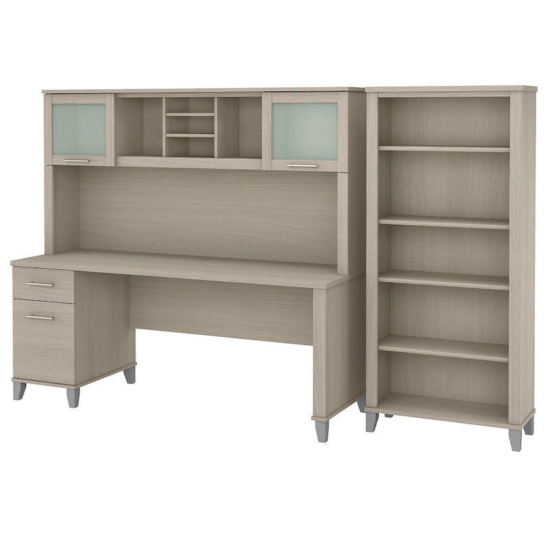 72-Inch Office Desk with Hutch and 5-Shelf Bookcase, Ash Gray