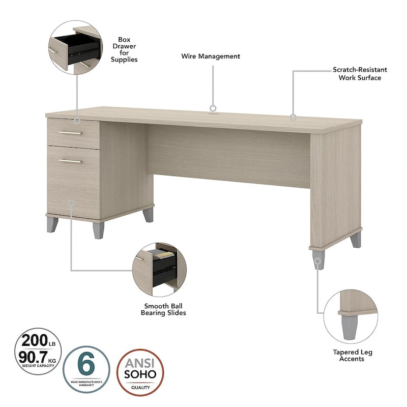 72-Inch Office Desk with Hutch and 5-Shelf Bookcase, Ash Gray