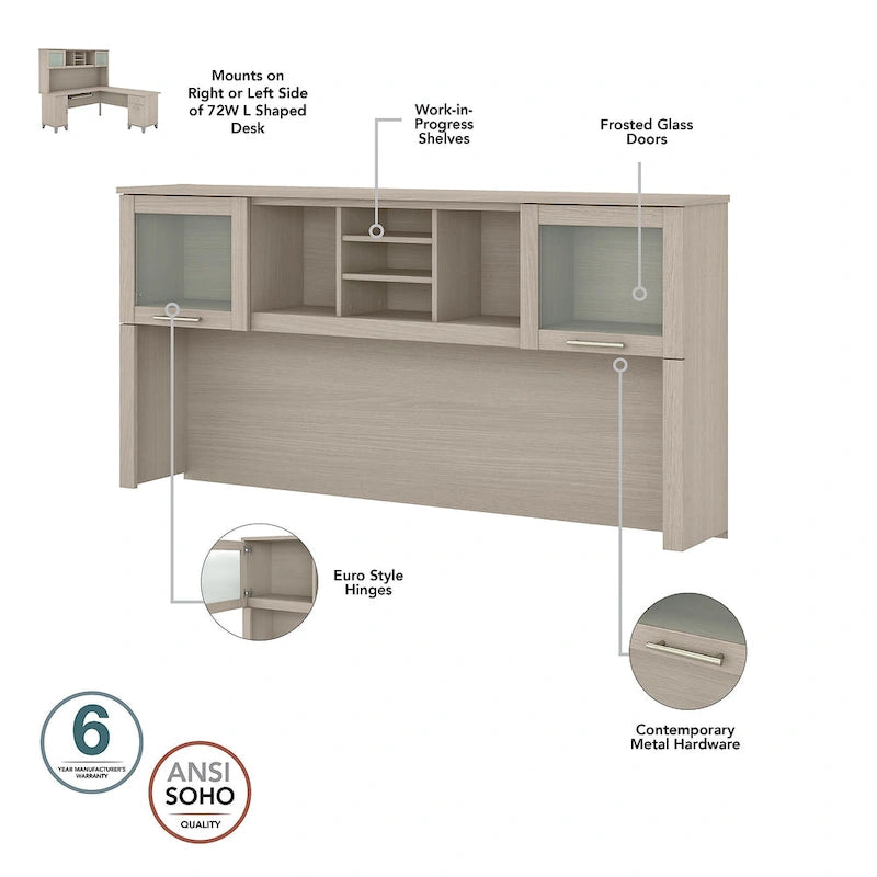 72-Inch Office Desk with Hutch and 5-Shelf Bookcase, Ash Gray