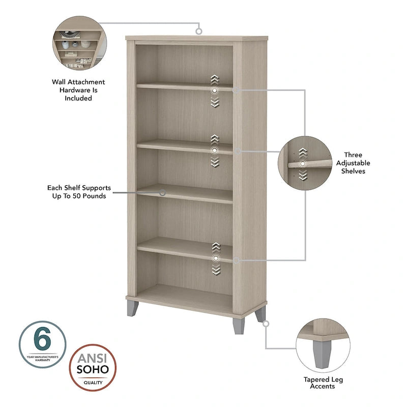 72-Inch Office Desk with Hutch and 5-Shelf Bookcase, Ash Gray