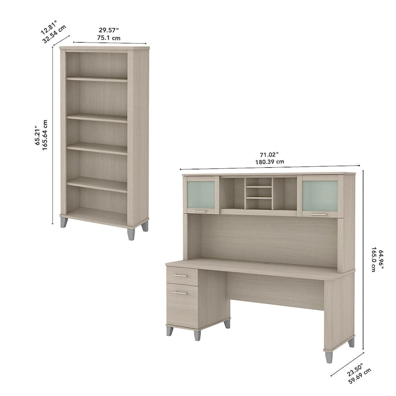 72-Inch Office Desk with Hutch and 5-Shelf Bookcase, Ash Gray