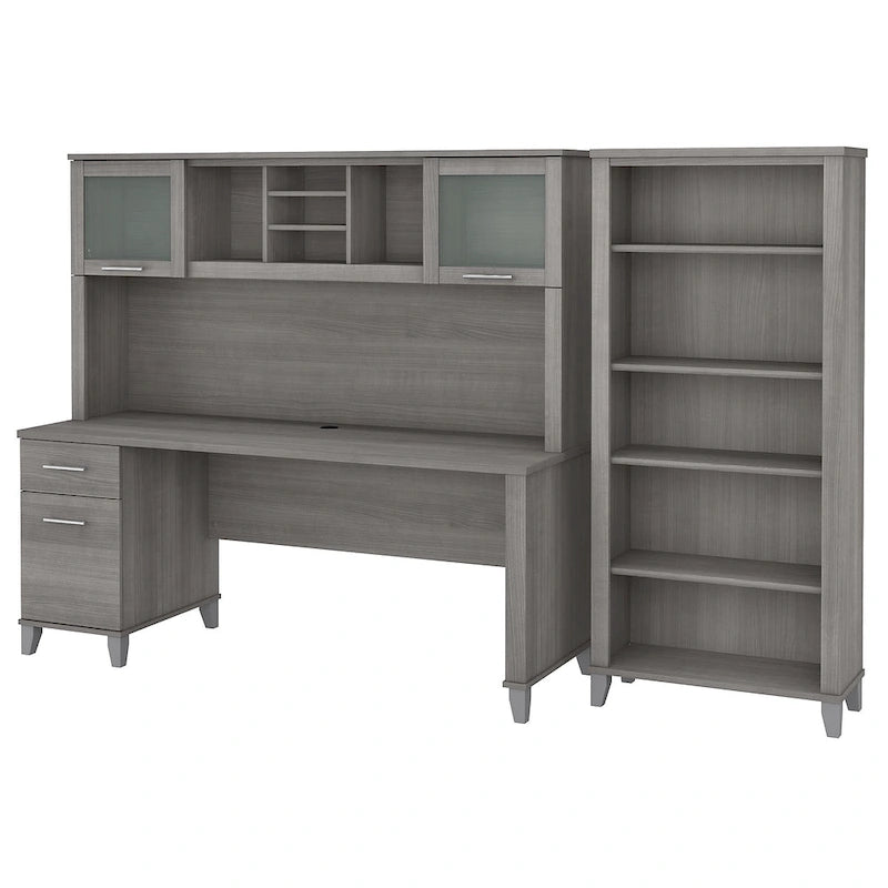 72-Inch Office Desk with Hutch and 5-Shelf Bookcase, Ash Gray