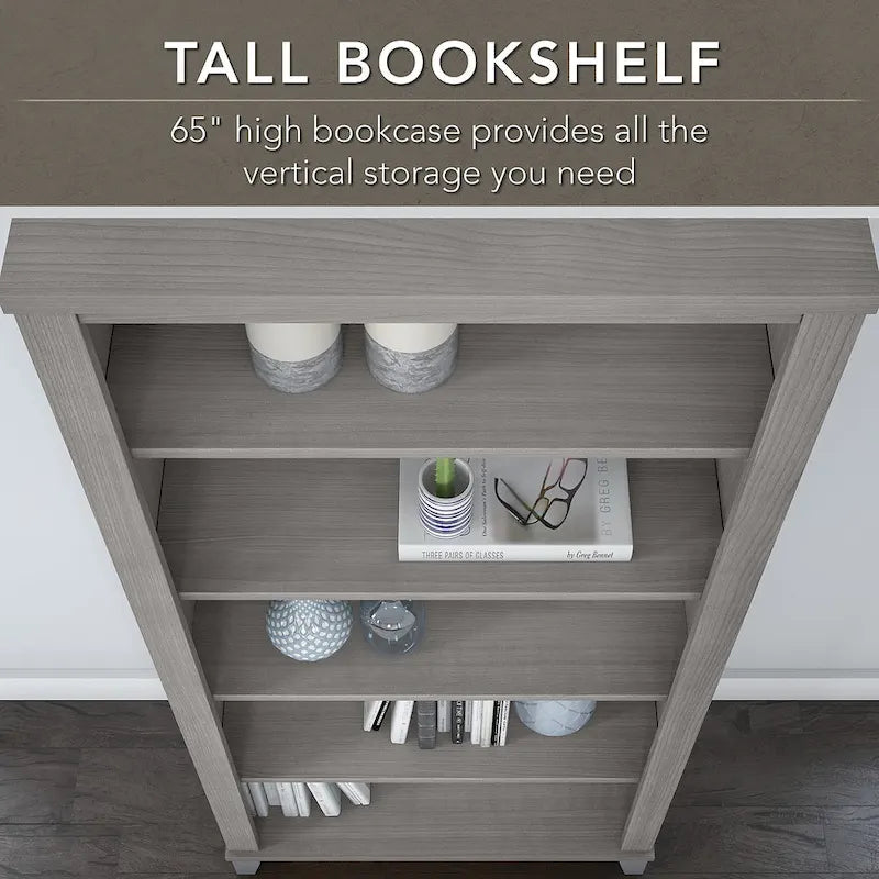 72-Inch Office Desk with Hutch and 5-Shelf Bookcase, Ash Gray