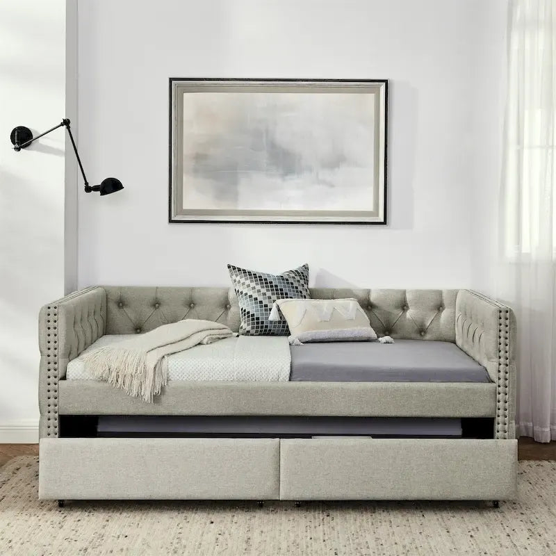Upholstered Twin Daybed with Two Drawers and Trundle