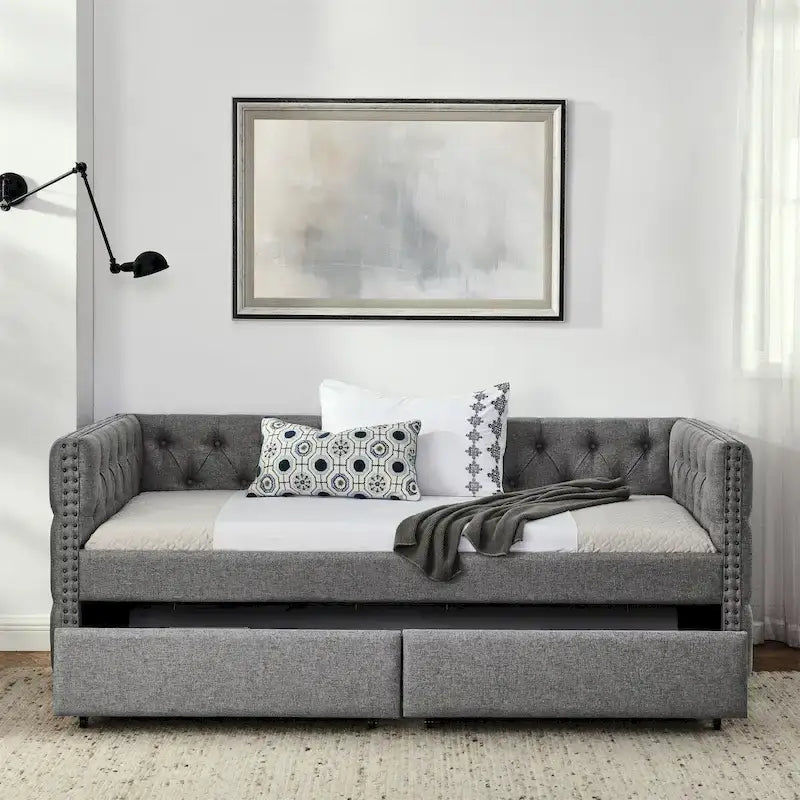 Upholstered Twin Daybed with Two Drawers and Trundle