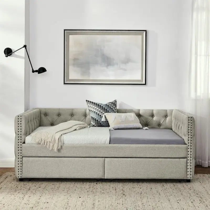 Upholstered Twin Daybed with Two Drawers and Trundle