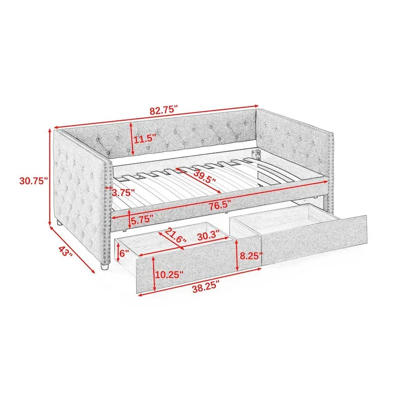 Upholstered Twin Daybed with Two Drawers and Trundle