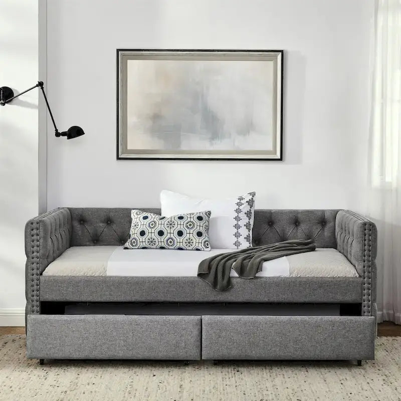 Upholstered Twin Daybed with Two Drawers and Trundle