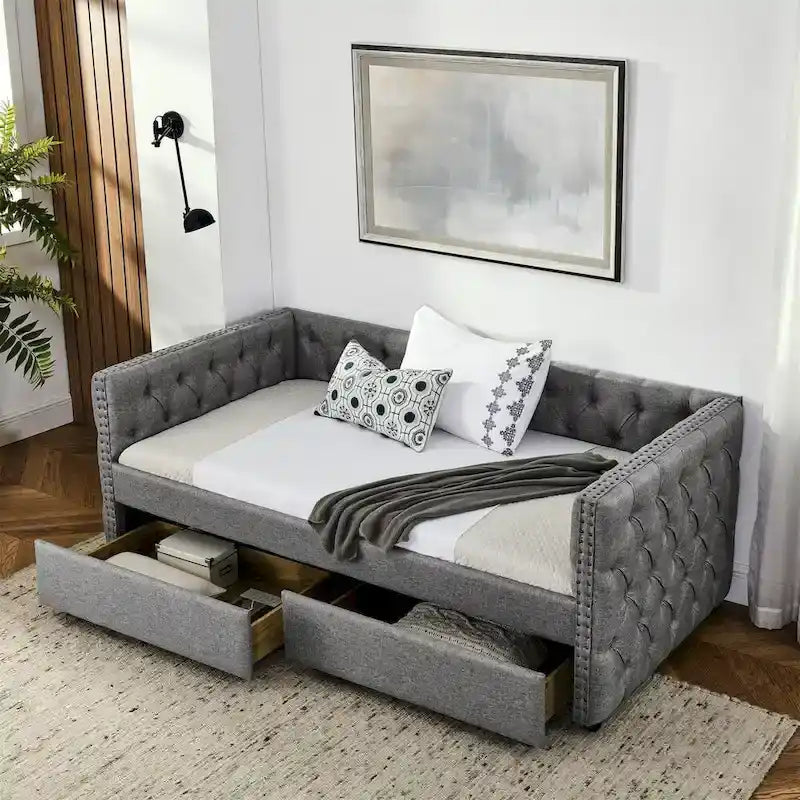 Upholstered Twin Daybed with Two Drawers and Trundle
