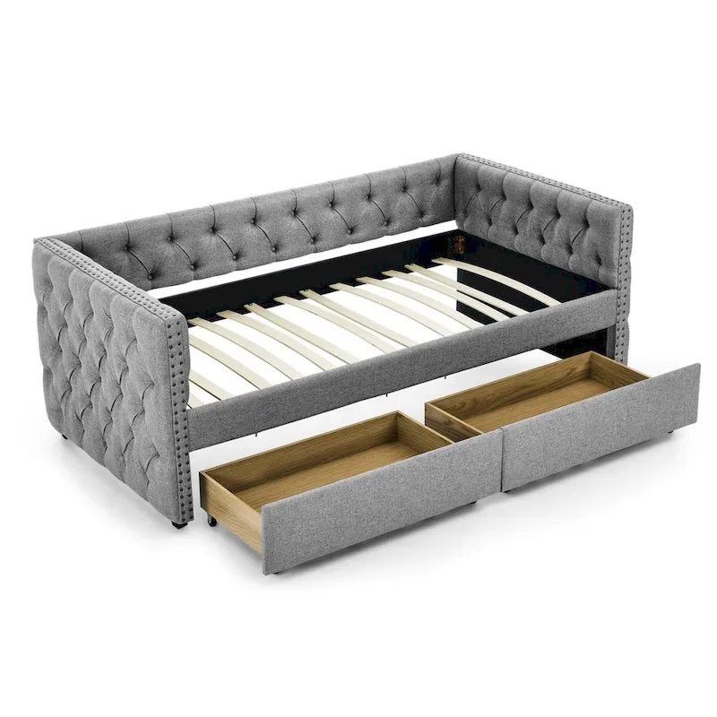 Upholstered Twin Daybed with Two Drawers and Trundle