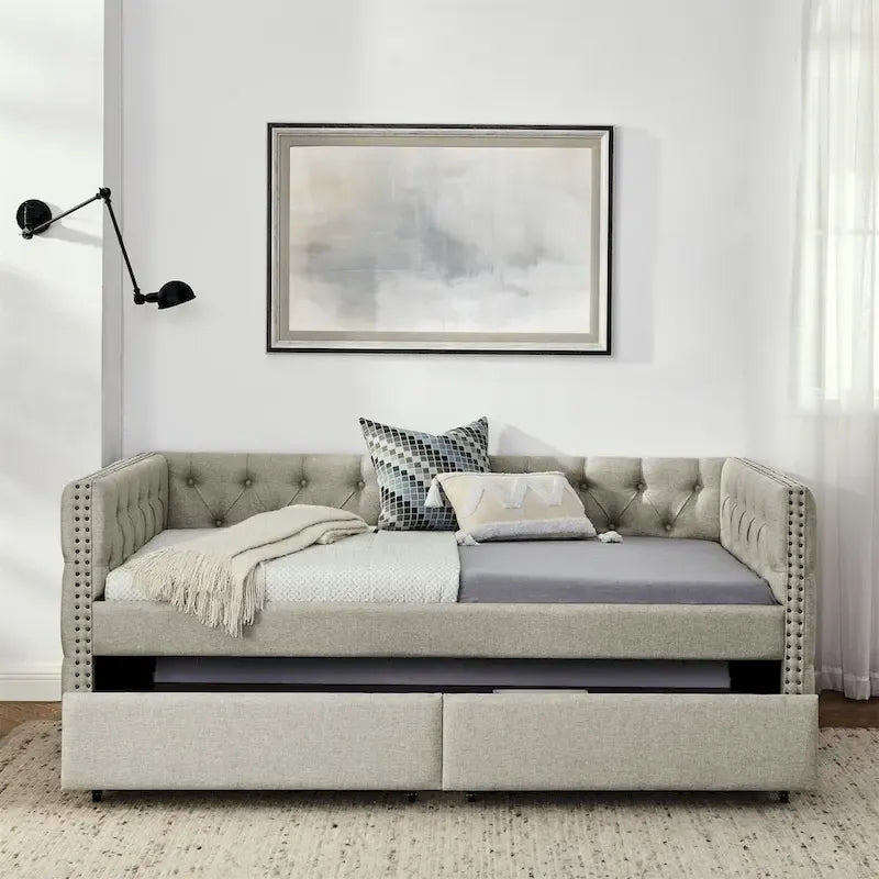 Upholstered Twin Daybed with Two Drawers and Trundle