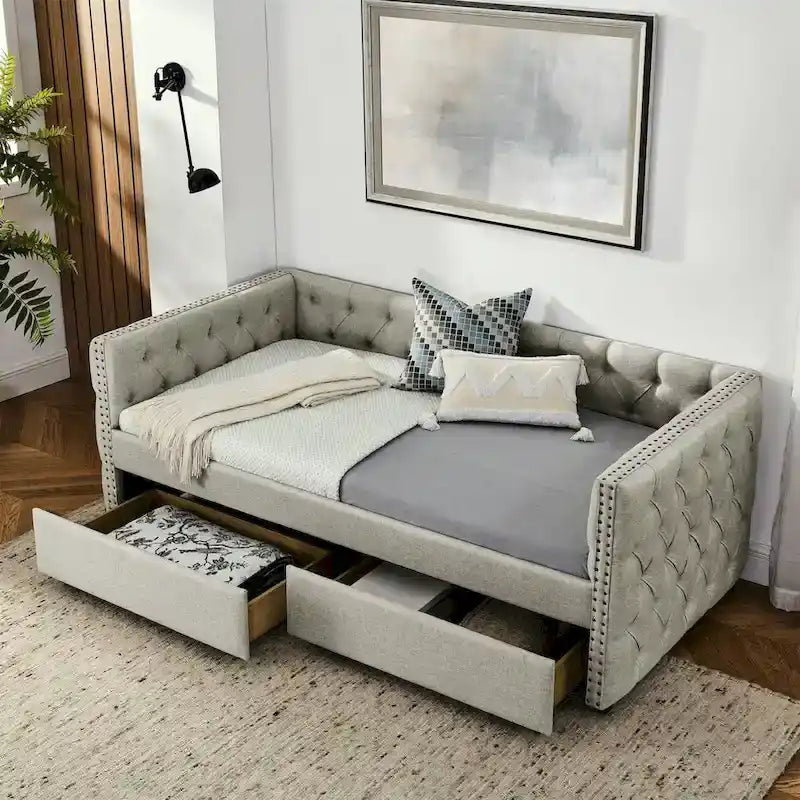 Upholstered Twin Daybed with Two Drawers and Trundle