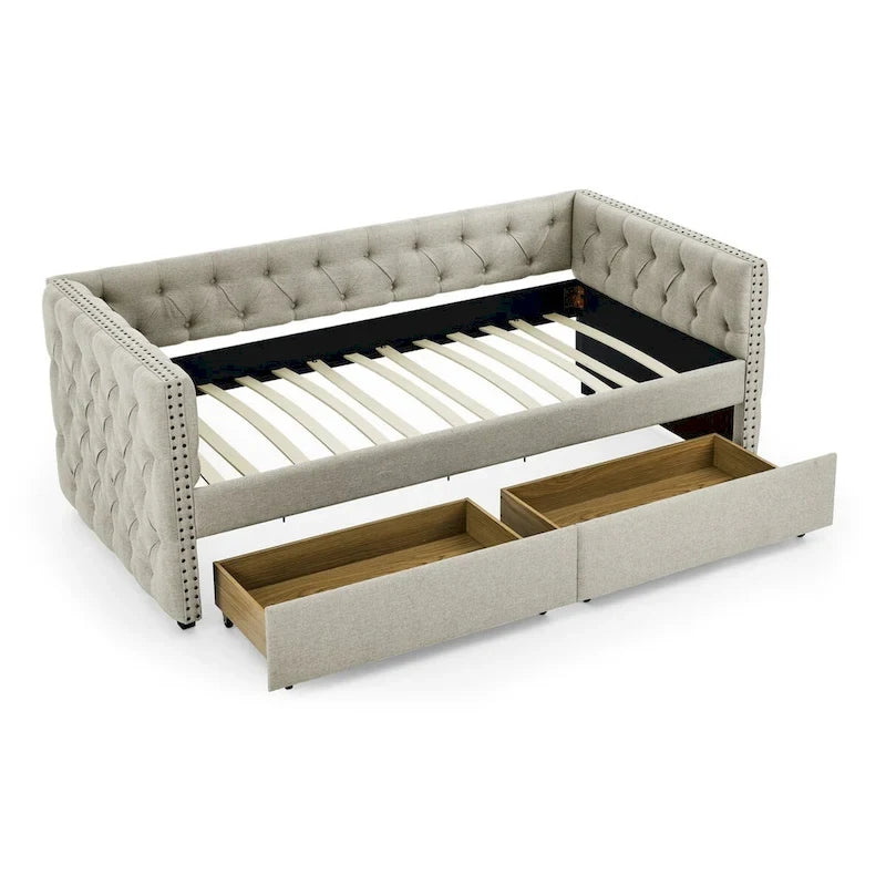 Upholstered Twin Daybed with Two Drawers and Trundle
