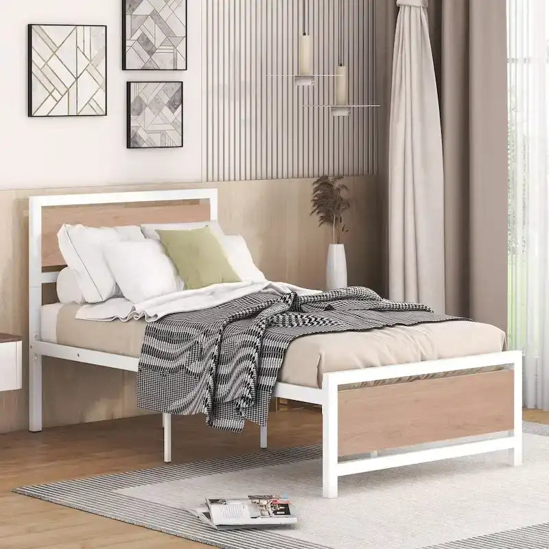 Metal and Wood Twin Platform Bed with Headboard