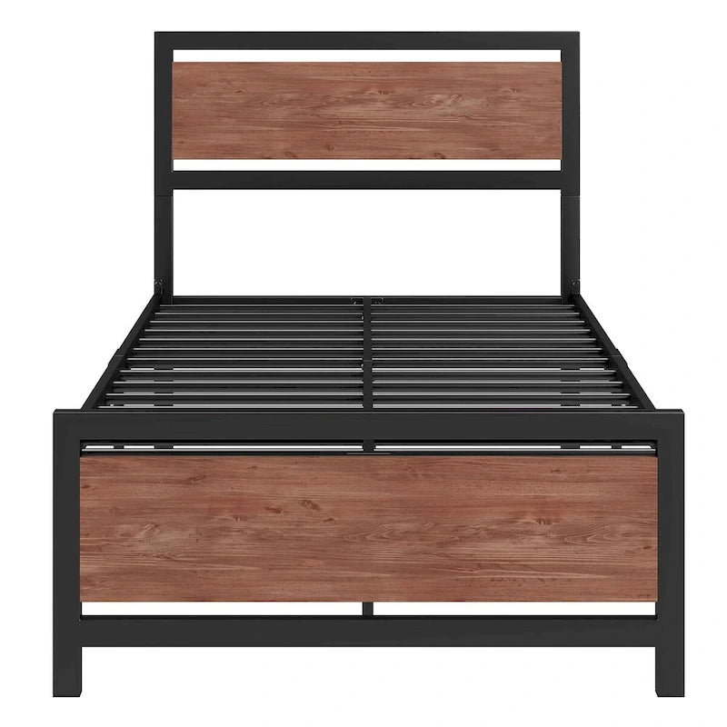 Metal and Wood Twin Platform Bed with Headboard