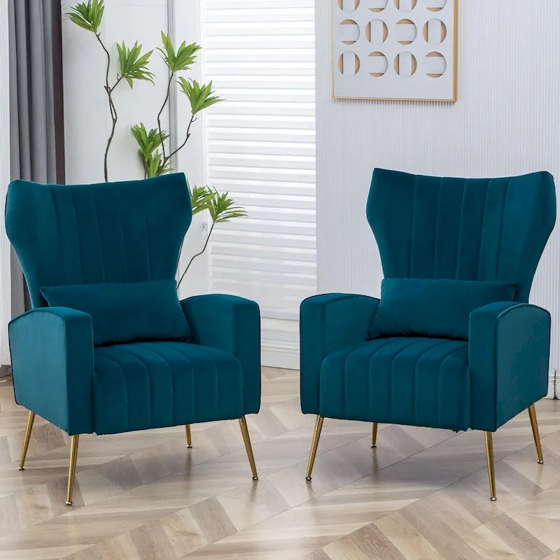 Velvet Wingback Accent Chairs with Pillows, Set of 2