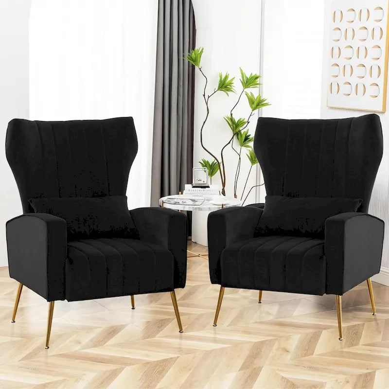 Velvet Wingback Accent Chairs with Pillows, Set of 2