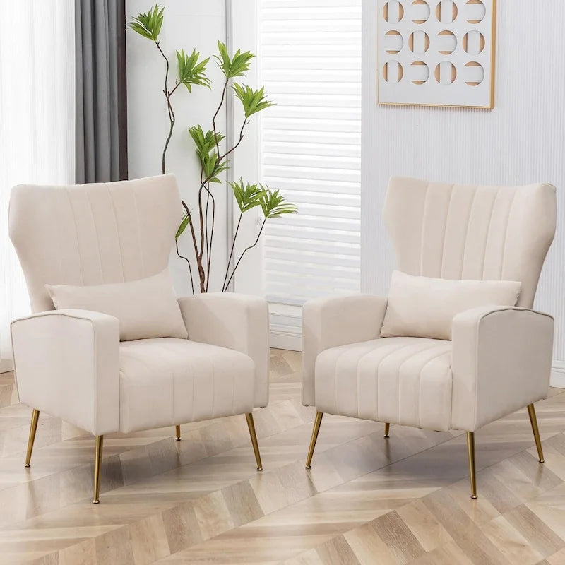Velvet Wingback Accent Chairs with Pillows, Set of 2