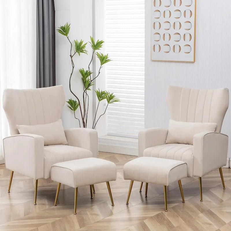 Velvet Wingback Accent Chairs with Pillows, Set of 2