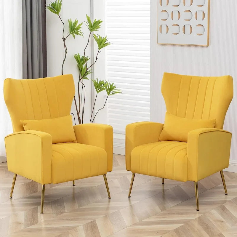 Velvet Wingback Accent Chairs with Pillows, Set of 2
