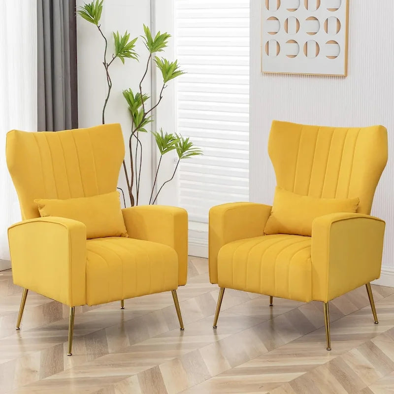 Velvet Wingback Accent Chairs with Pillows, Set of 2