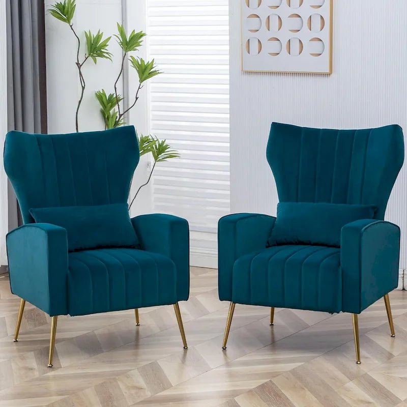 Velvet Wingback Accent Chairs with Pillows, Set of 2