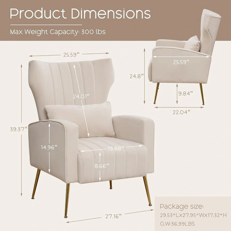 Velvet Wingback Accent Chairs with Pillows, Set of 2