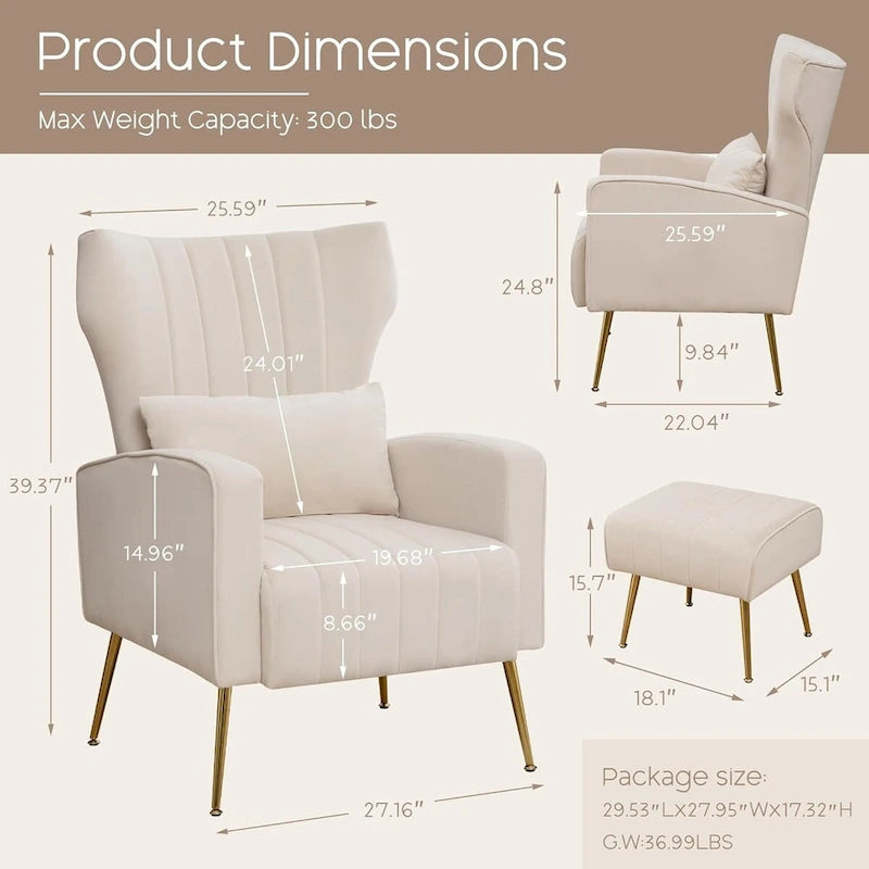 Velvet Wingback Accent Chairs with Pillows, Set of 2