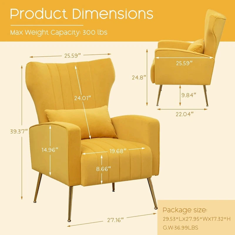 Velvet Wingback Accent Chairs with Pillows, Set of 2