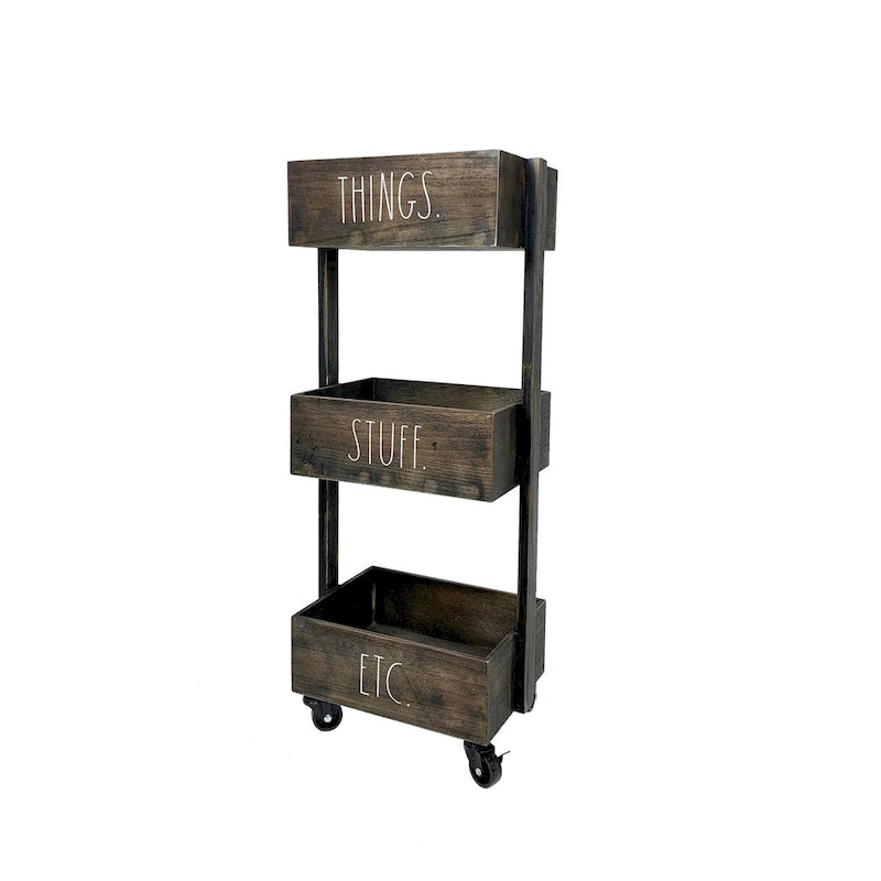 Three-Tier Rolling Metal Storage Cart with Labeled Baskets