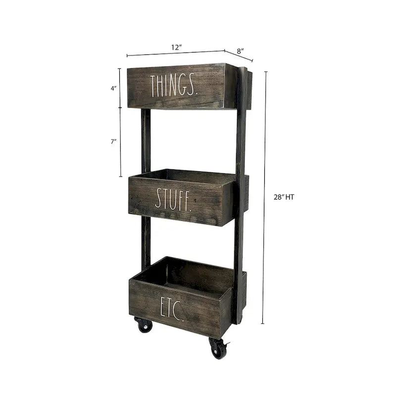 Three-Tier Rolling Metal Storage Cart with Labeled Baskets