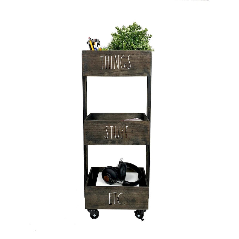 Three-Tier Rolling Metal Storage Cart with Labeled Baskets