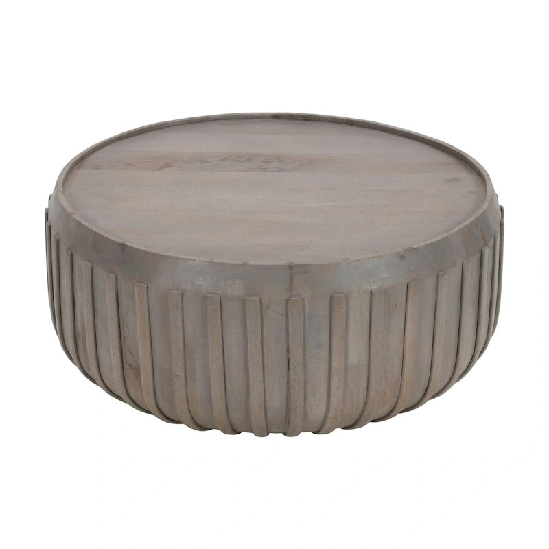 36-Inch Ribbed Mango Wood Drum Coffee Table, Gray