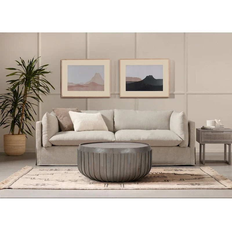 36-Inch Ribbed Mango Wood Drum Coffee Table, Gray